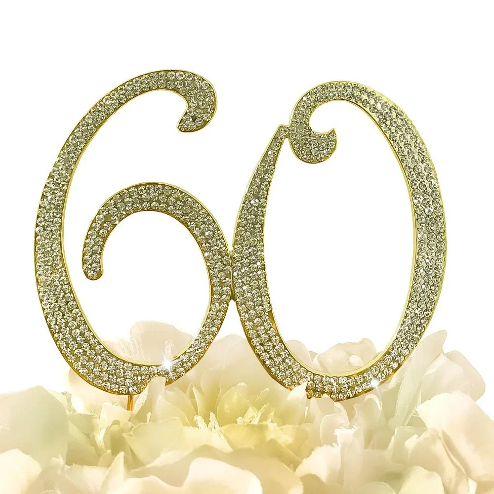 Rhinestone Cake Topper - Number 60 - Gold Metal with Czech Rhinestones